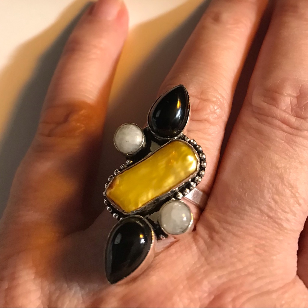 Black Onyx Biwa Pearl Moonstone 925 Sterling Silver Ring